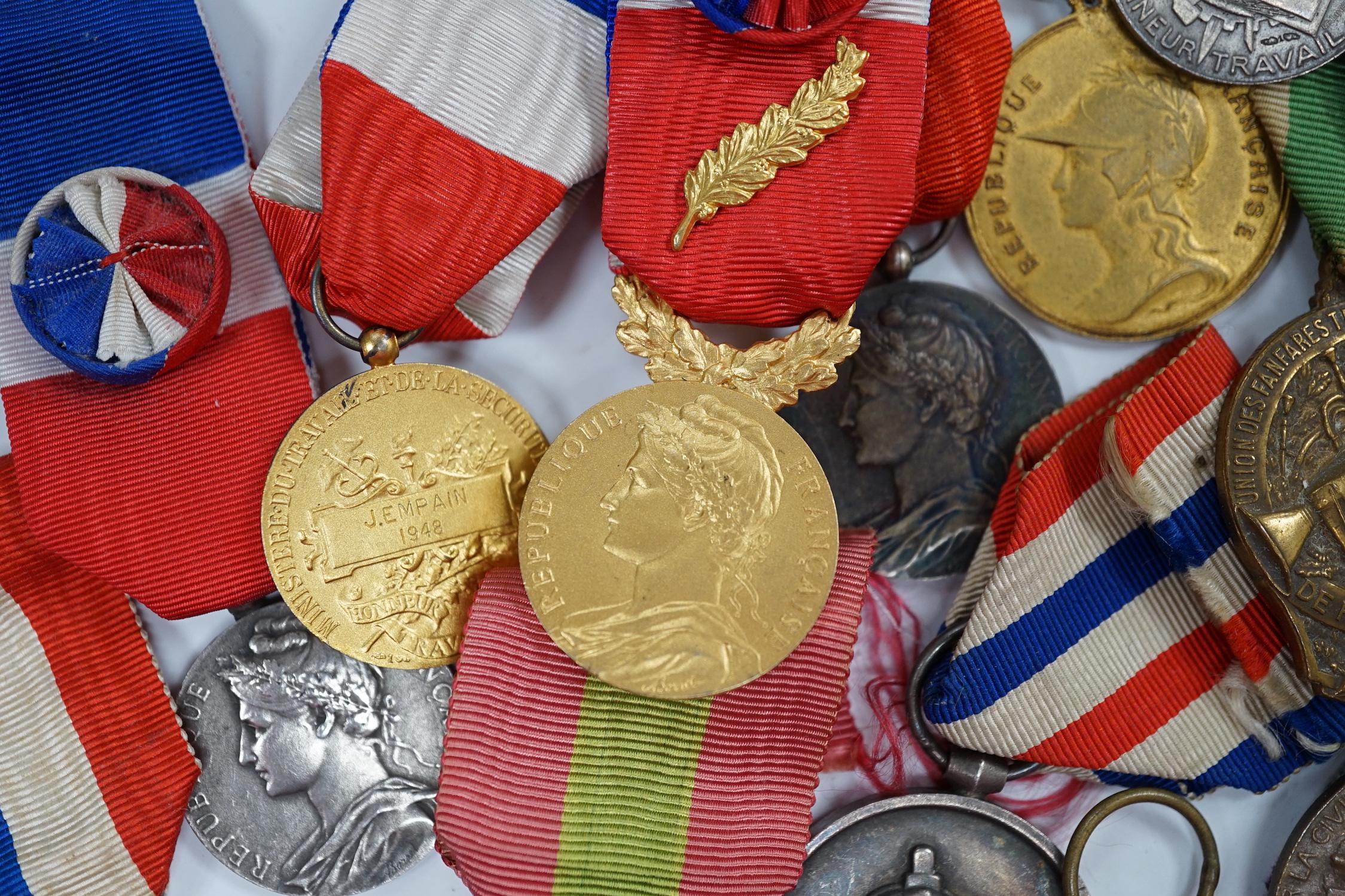 Eighteen French and Belgium medals, etc. including; Medal of Honour, War Cross, Medal of Honour for Physical Education, Victory Medal, etc.